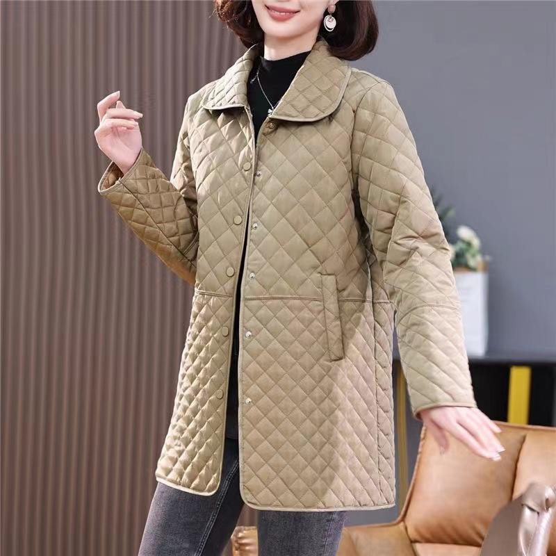 Women's Winter Diamond Check Long Warm Jacket Thickened Warm Jacket Stand-up Collar Long Jacket