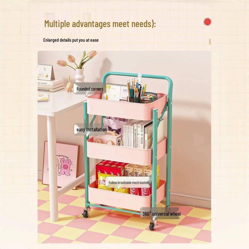 Foldable Hand-Pushed Storage Rack with Shelves for Snacks, Toys, and Kitchen Use