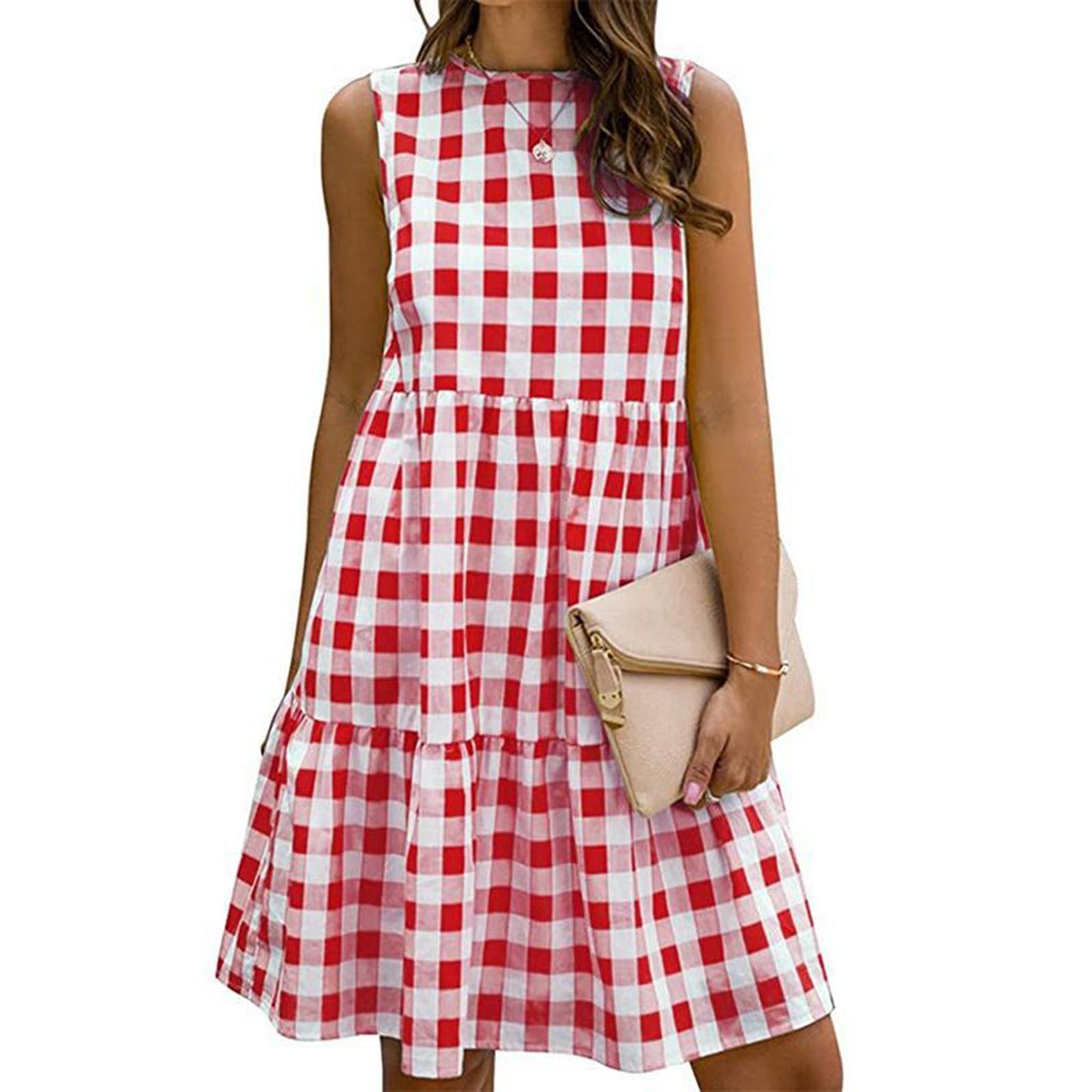 Women s Casual Round-neck Checkered Loose Dress L красный