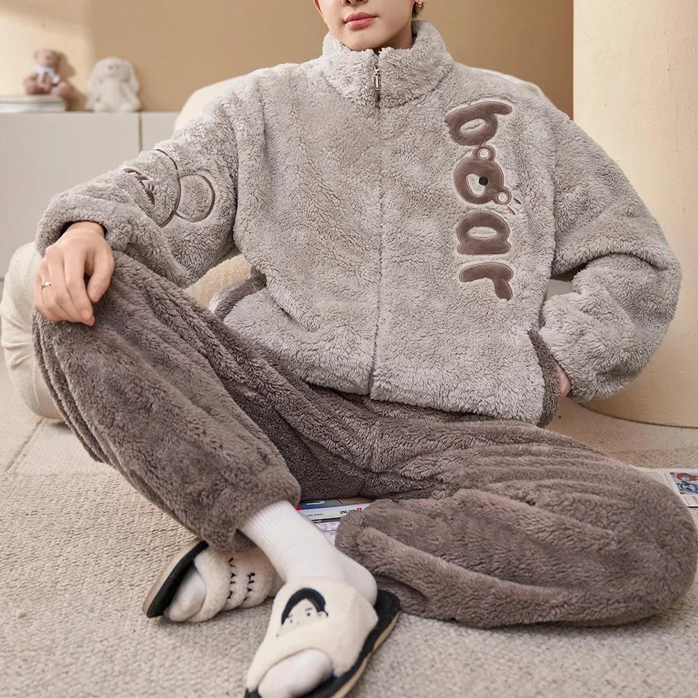 Man Winter Warm Sleepwear Pajamas Set Men Flannel Pajama Nightwear Home Clothes Velvet Coral Fleece 6XL Plus Size Pijama