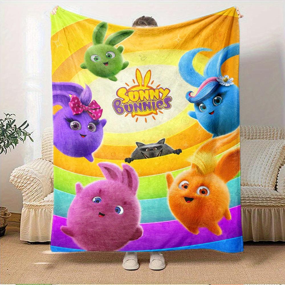 

1pc Sunny Bunnies,Cute ,Rainbow Background Flannel Blanket Lightweight Soft for All Seasons, Ideal for Couch, Office, Bed, Travel, Camping Throw 150cm x 200cm