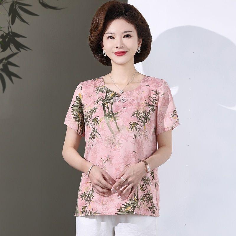 

Топ из тонкого шифона с короткими рукавами для женщин среднего и пожилого возраста, прикрывающий живот, в стиле темперамент 4XL recommends 131-145g розовый