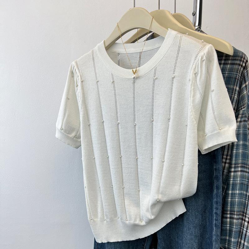 

Summer hollow design gentle wind bead crew neck knitted sweater One size fits all білий