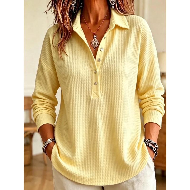 Damen S Waffelstrick Langarm Pullover T-Shirt Lässig Lockerer Schnitt