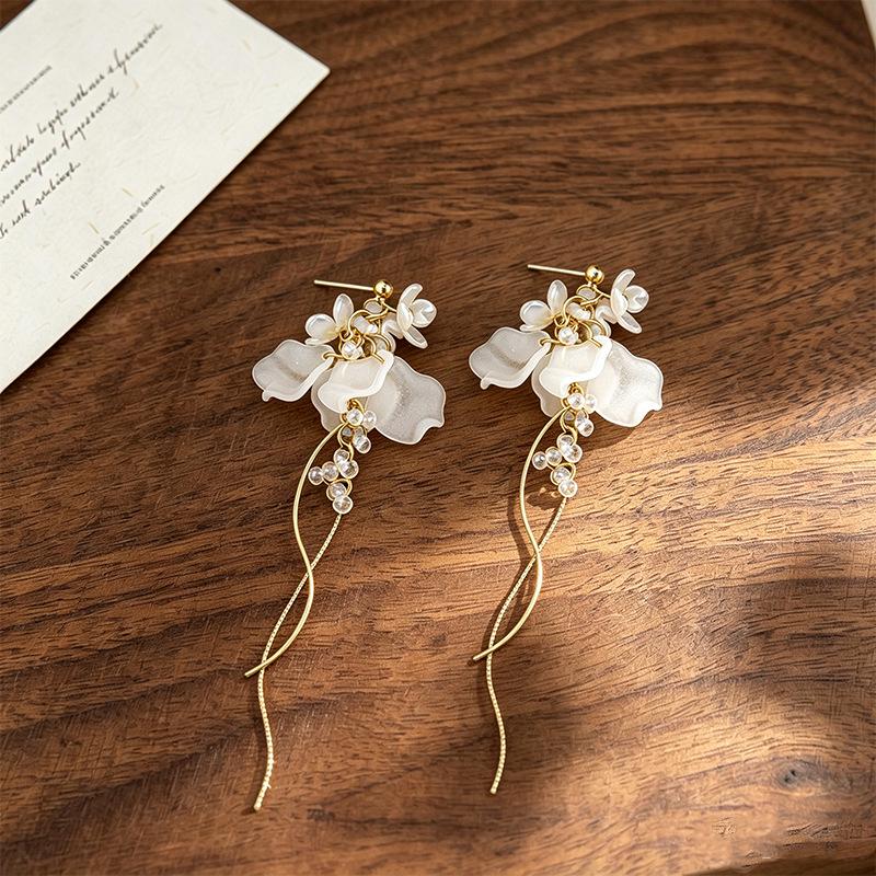 Elegant Long Petal Tassel Earrings for Women - French Luxury Resort Style