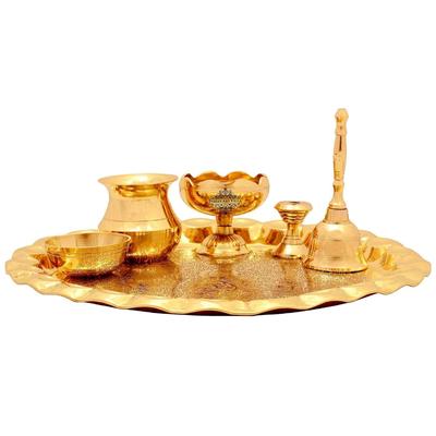 Čistá mosazná sada Pooja Thali s embosovaným designem květinové révy, náboženský duchovní předmět, domácí chrám, PRŮMĚR-10,1" palce