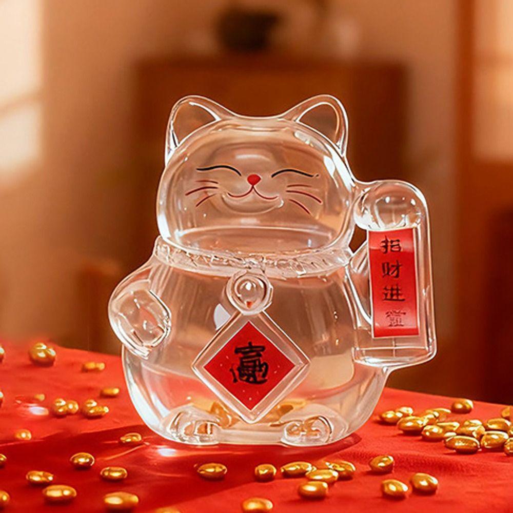 Cute Lucky Cat Piggy Bank Glass Clear Money Jar Mini Cartoon Golden Bean Storage Bottle for Living Room Office Decor