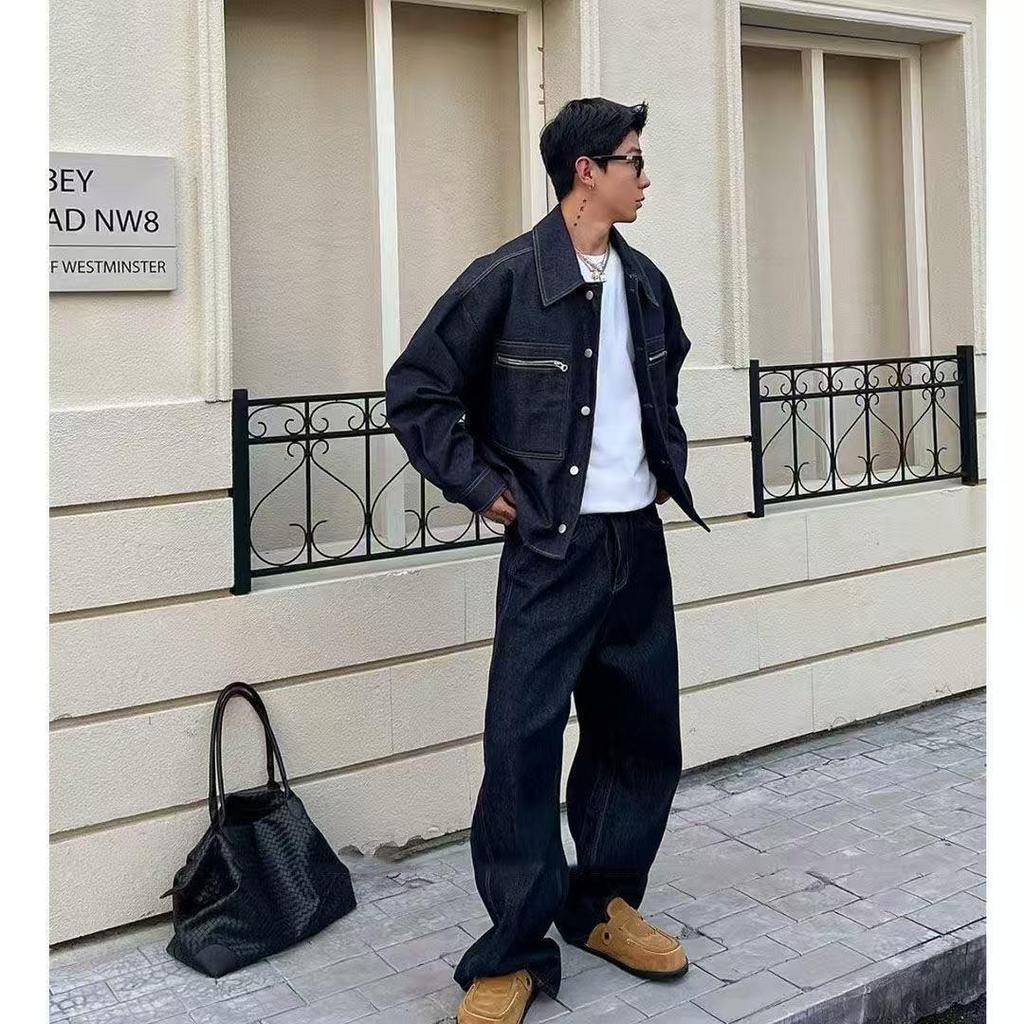 Men's Dark Blue Raw Denim Workwear Jacket - Loose Fit & Worn-Out Style