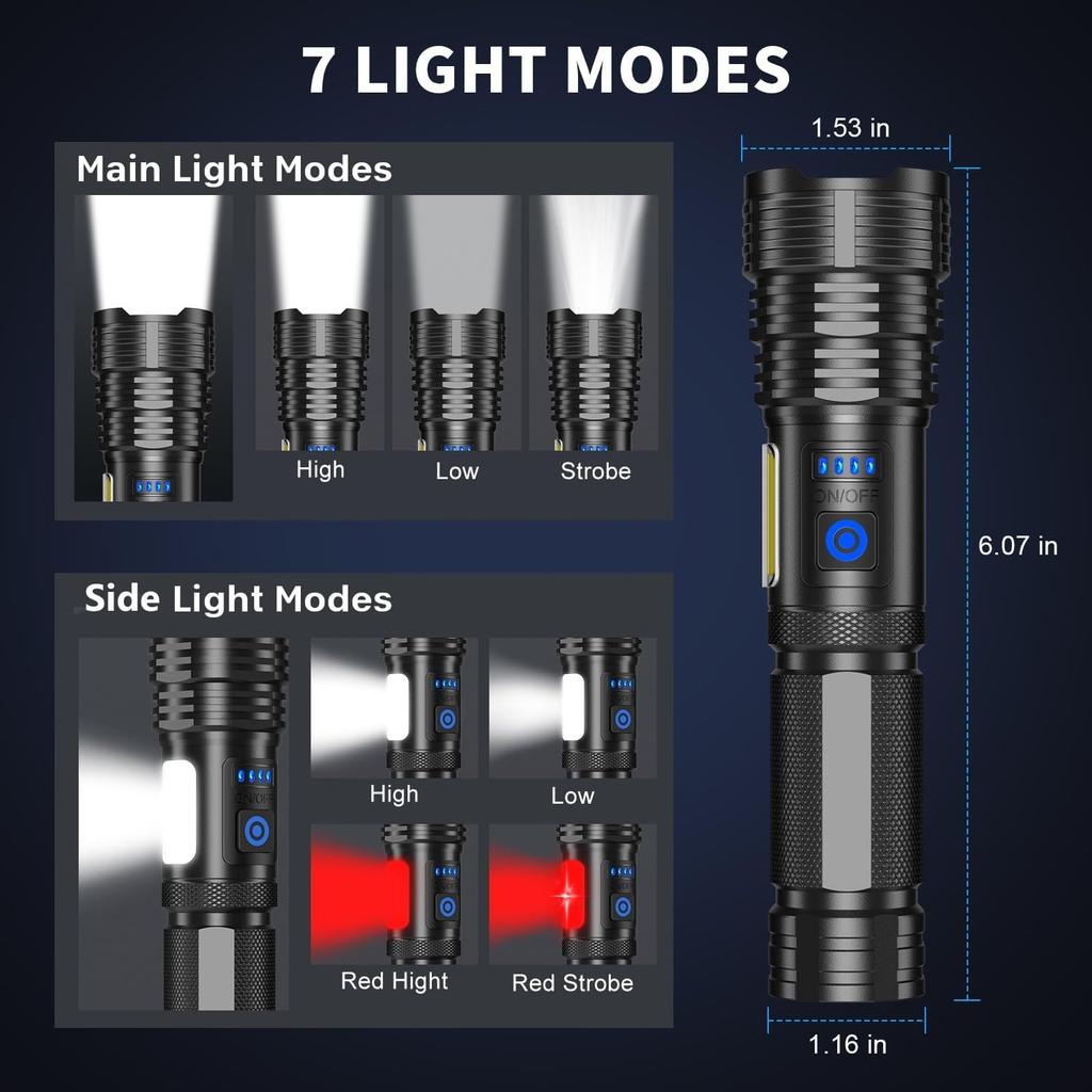 LED Rechargeable Flashlights 990000 High Lumens, Super Bright Flashlight High Power Flash Light with 7 Modes, 15H Running Time, IPX7 Waterproof