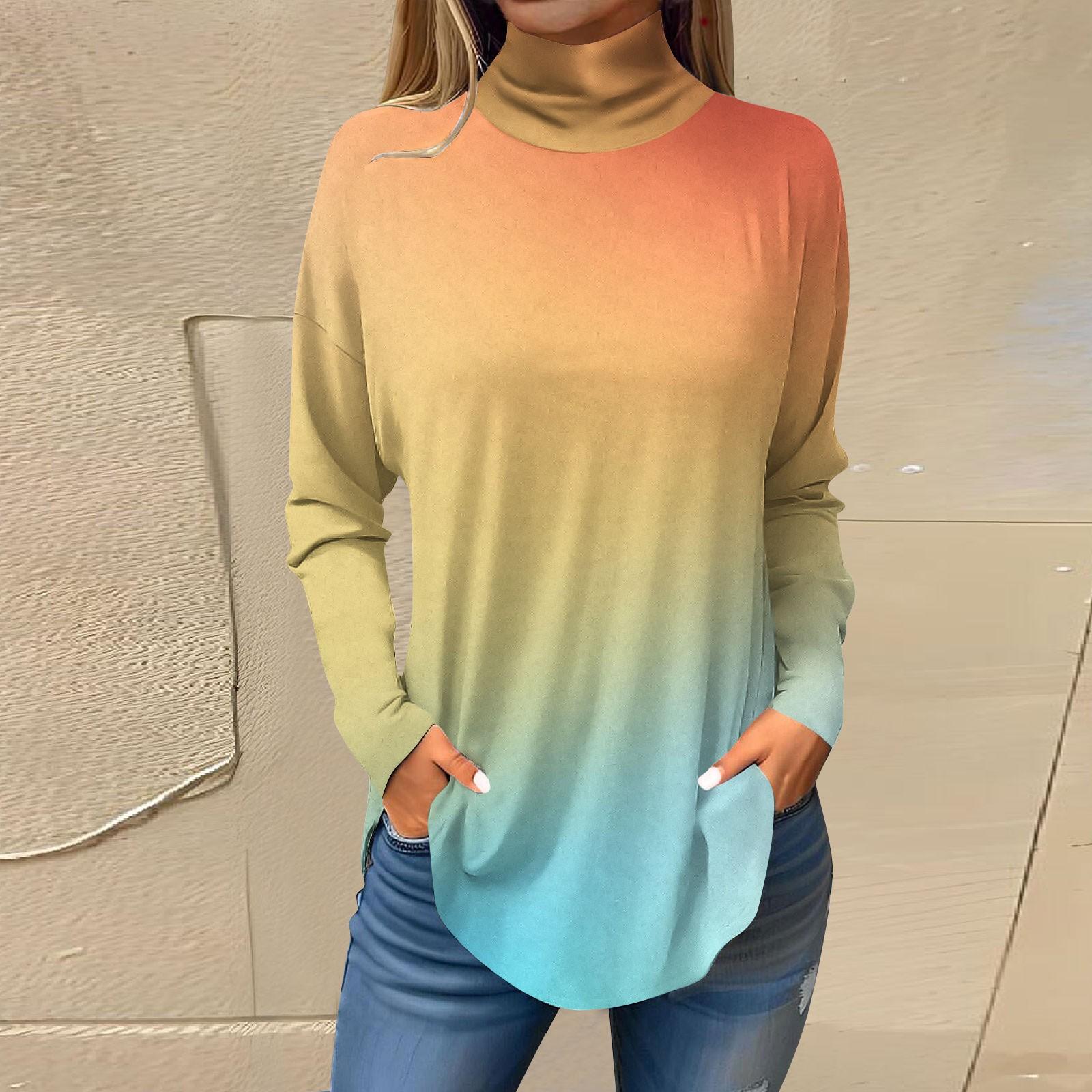 

Футболки для женщин, осенние повседневные рубашки с длинными рукавами, толстовка с винтажным принтом, топ с высоким воротом, пуловер L жёлтый