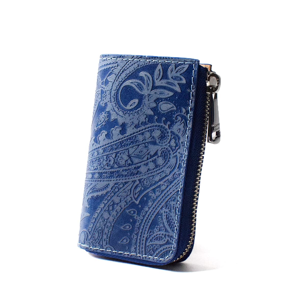 

Key Case Indigo Dyed Leather Paisley Pattern Embossed Unisex Keychain [Baggy Port] + Men s Women s ZYS-193 (Blue) синій