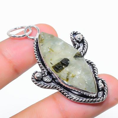 Natürlicher Prehnit Edelstein Handgefertigt 925 Sterling Silber Anhänger 2.29" s4u46