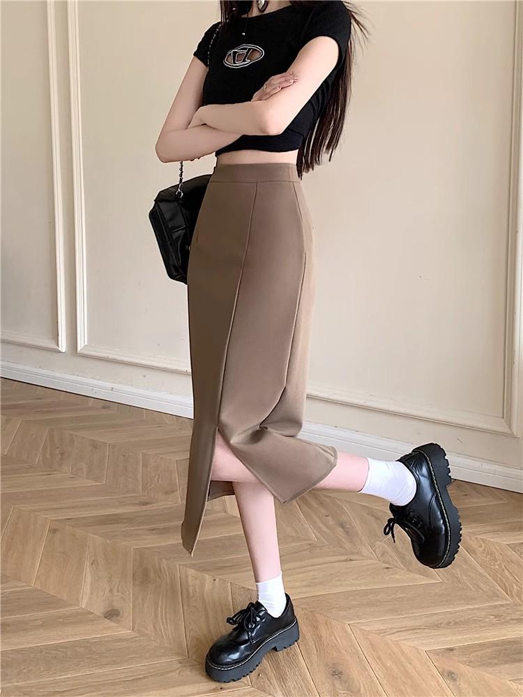2026 New Plus Size High Waist Midi Slit Skirt - Light Mature A-line Design for Women