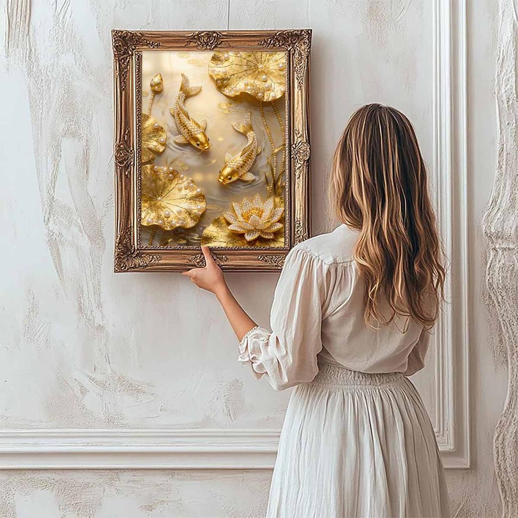 Crystal Pearl Painting 5D DIY Frame Decoration Painting Golden Koi Fish Home Wall Decoration Transparent Pearl Gemstone Painting Picture Art Crafts