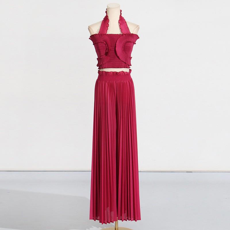 Fashionable Sexy Pleated Suit Women's Neck Ruffled Top With High-waisted Wide-leg Pants