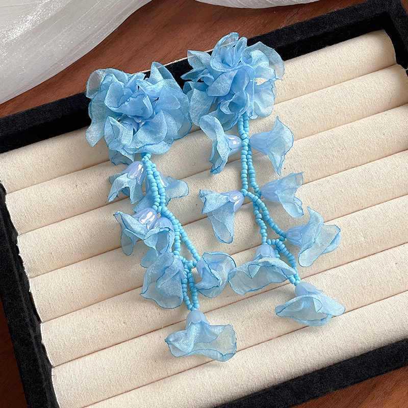 Chiffon-Blumen-Ohrringe mit Reisperlenfransen, modische Temperament-Stecker, einfache, hochwertige, vielseitige Ohrringe
