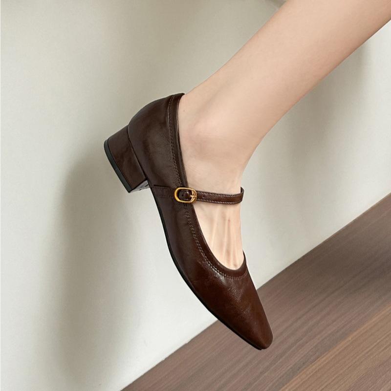 

Guttega~ Autumn new retro one-word buckle with square head soft sole soft leather thick heel single shoes Mary Jane women s shoes 40 коричневый