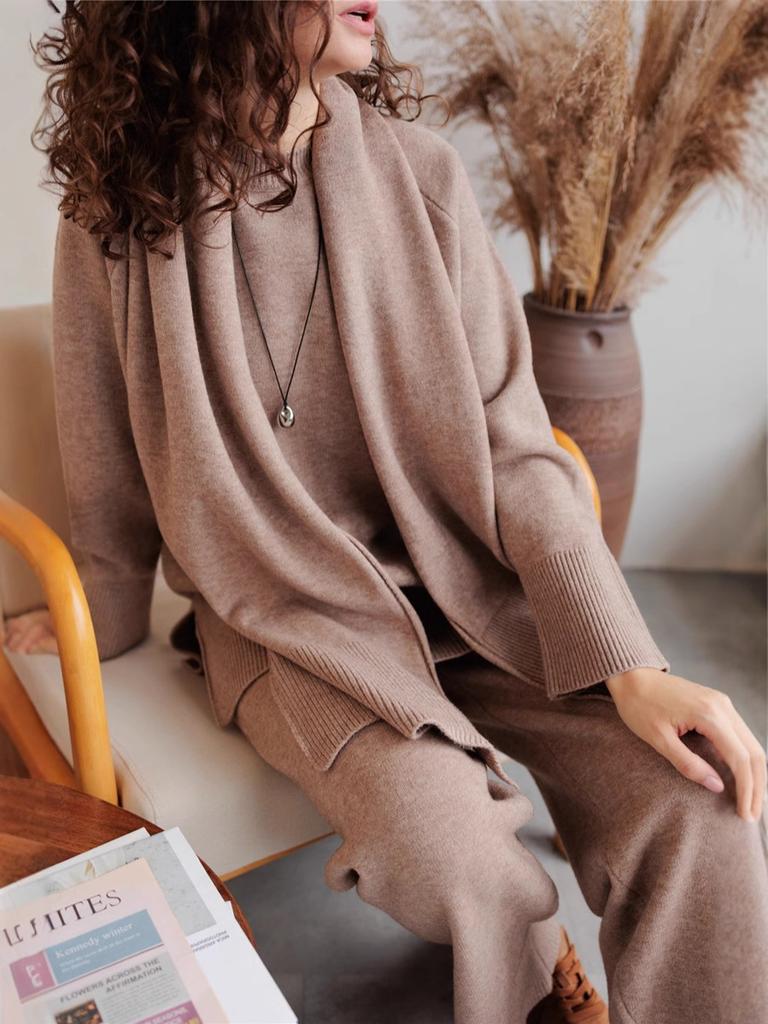 Women 3 Piece Knit Sweater Set Oversized Wide Leg Pants with Scarf Casual Fall Winter