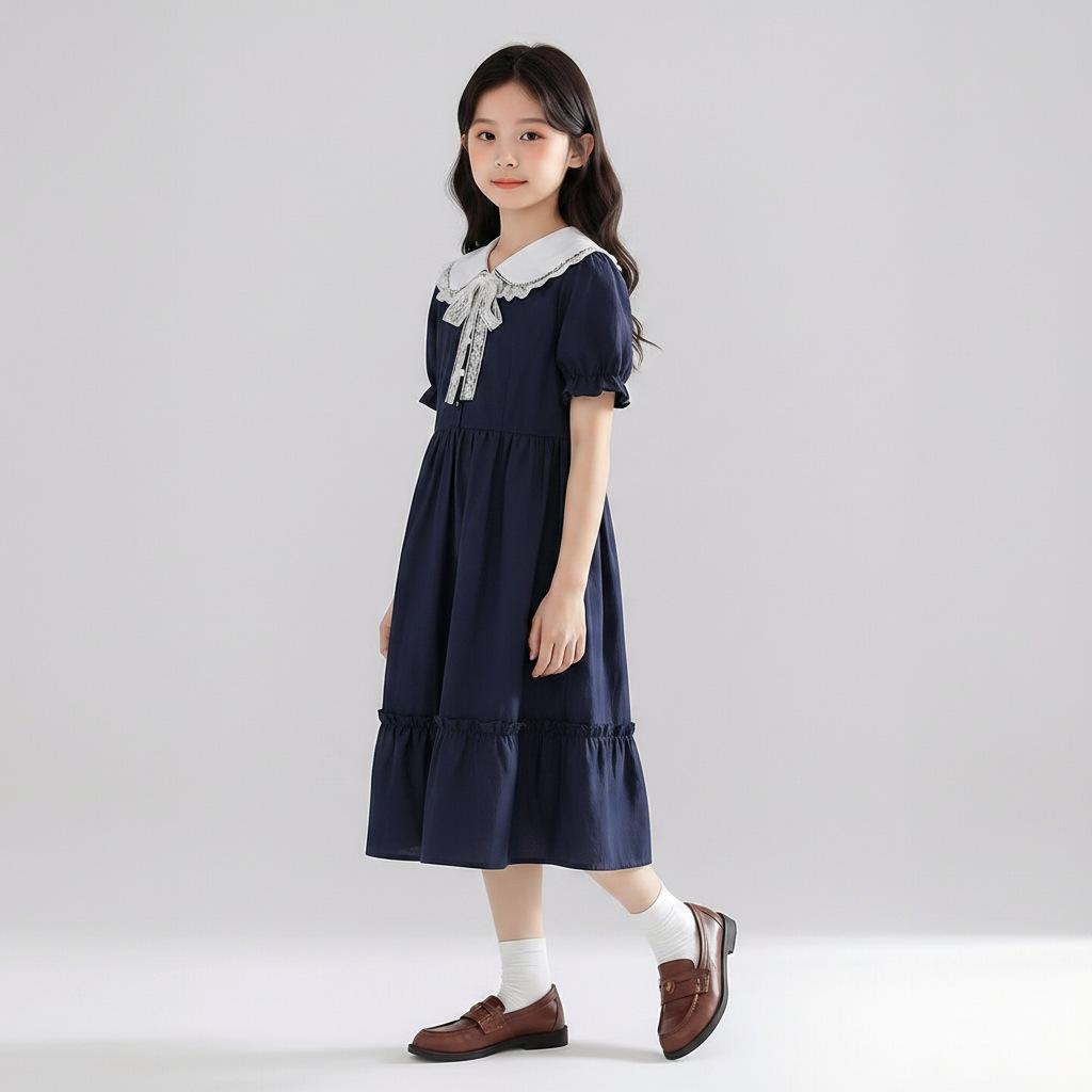 Girls' Summer Fashion Dress - Doll Collar Short Sleeve Midi Princess Style