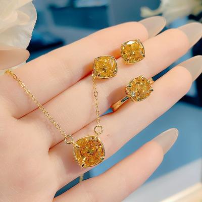 Leichter Luxus Mode Einfach Gelber Diamant Eisblumen Schliff Set Lila Diamant Kissen Anhänger Halskette Quadratische Tasche Ring Bunter Schatz Ohrstecker