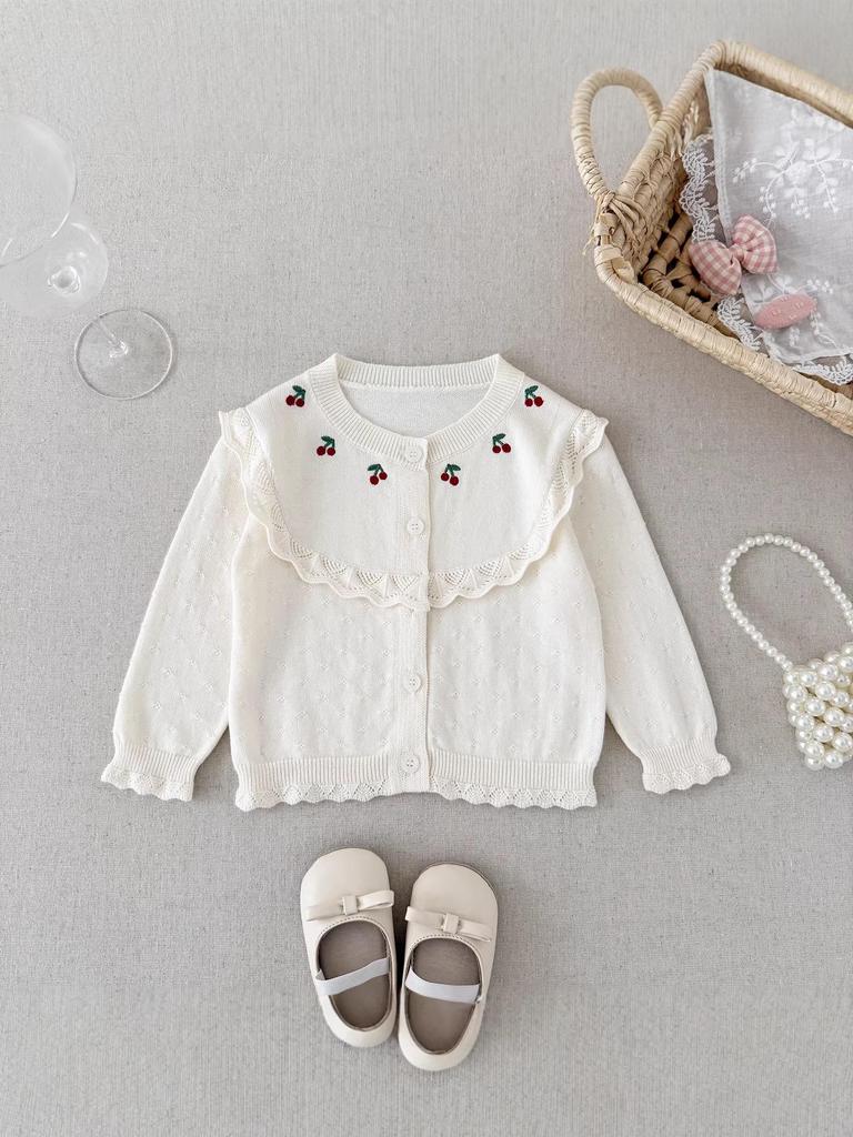 Baby Girl Cotton Cardigan with Cherry Embroidery - Spring/Summer Lace Knitwear