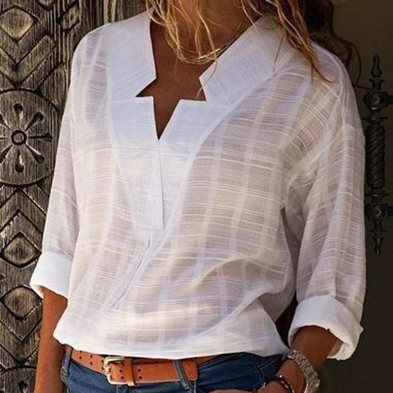 Womens Solid Spring Pink White Fall Blouses Loose Irregular V Neck Long Sleeve Tops