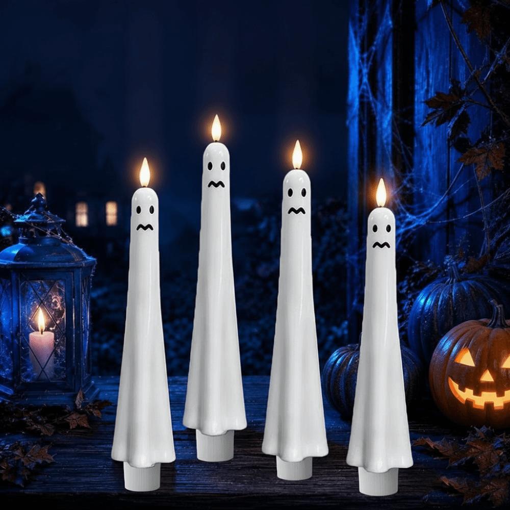 4 Pack Ghost Shaped Candles Remote Control White Color Flameless Taper Candles Plastic Material Timer Function Spooky Candles