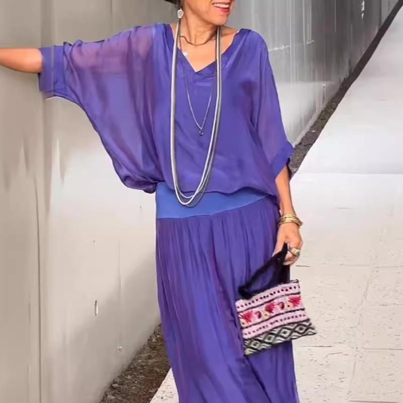 Women's Sexy V-neck Short Sleeved Top And Wide Leg Pants Sets Summer Chiffon Casual Outfits Casual Loose Street Two Piece Sets