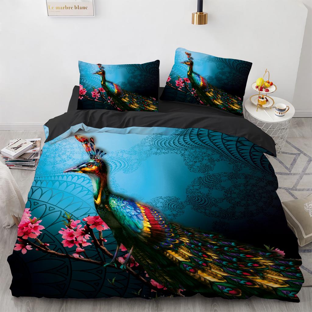 Juego de Funda Nórdica de Pavo Real Microfibra Preciosa Pluma Azul Funda de Edredón Flor Rosa Suave 2/3 Piezas Aves Tema Animal Funda de Edredón