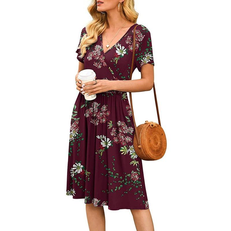 Fashionable New Women's Dress, V-neck Short-sleeved Printed Pockets, Elegant and Versatile