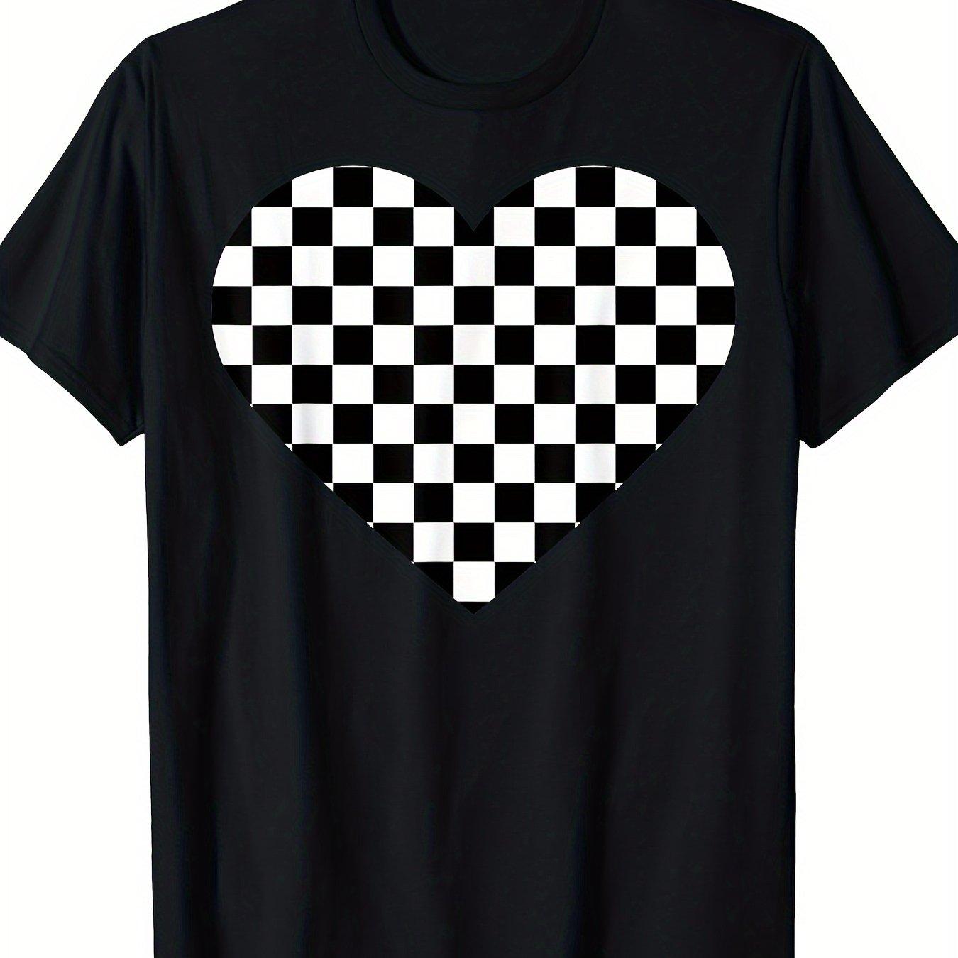 Футболка с графическим принтом  Клетчатое Сердце  Мягкий Хлопок Повседневная Футболка с Коротким Рукавом для Мужчин Женщин S