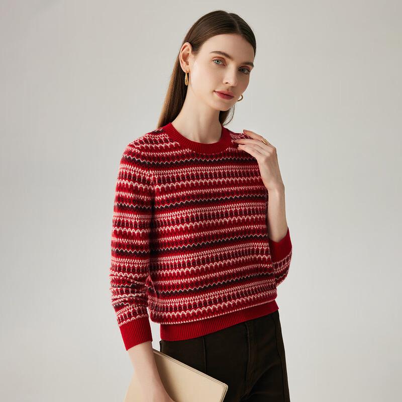 Zhaojun Women's Cherry Red Fair Isle Jacquard Cashmere Sweater