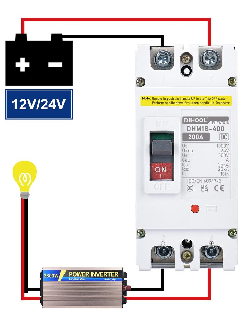 DIHOOL Wyłącznik nadprądowy 2-biegunowy DC 12-500V 200A Wyłącznik prądu stałego, Wyłącznik ochronny