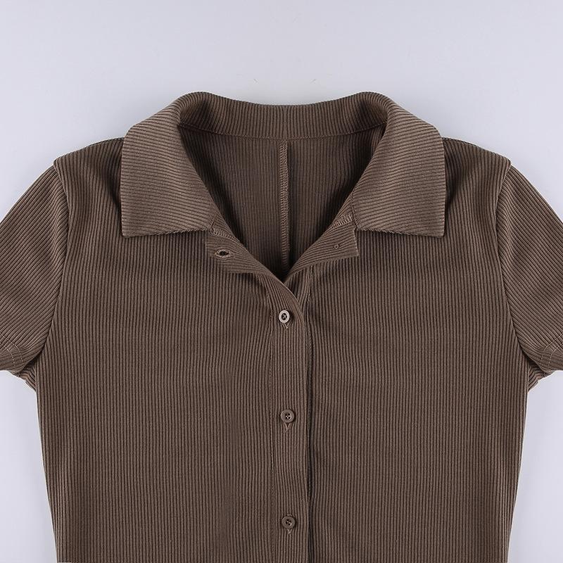 Spring and Summer European and American Hot Girl Solid Color Lapel Breasted Ribbed Slim Fit Casual Simple Basic Jumpsuit