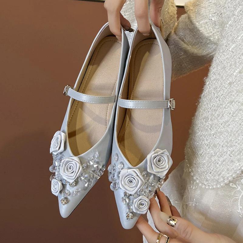 Zapatos Planos de Mujer con Punta Fina y Diseño de Flor de Marca de Moda, Casuales para Boda y Fiesta, Cómodos, Zapatos Mary Jane con Pedrería