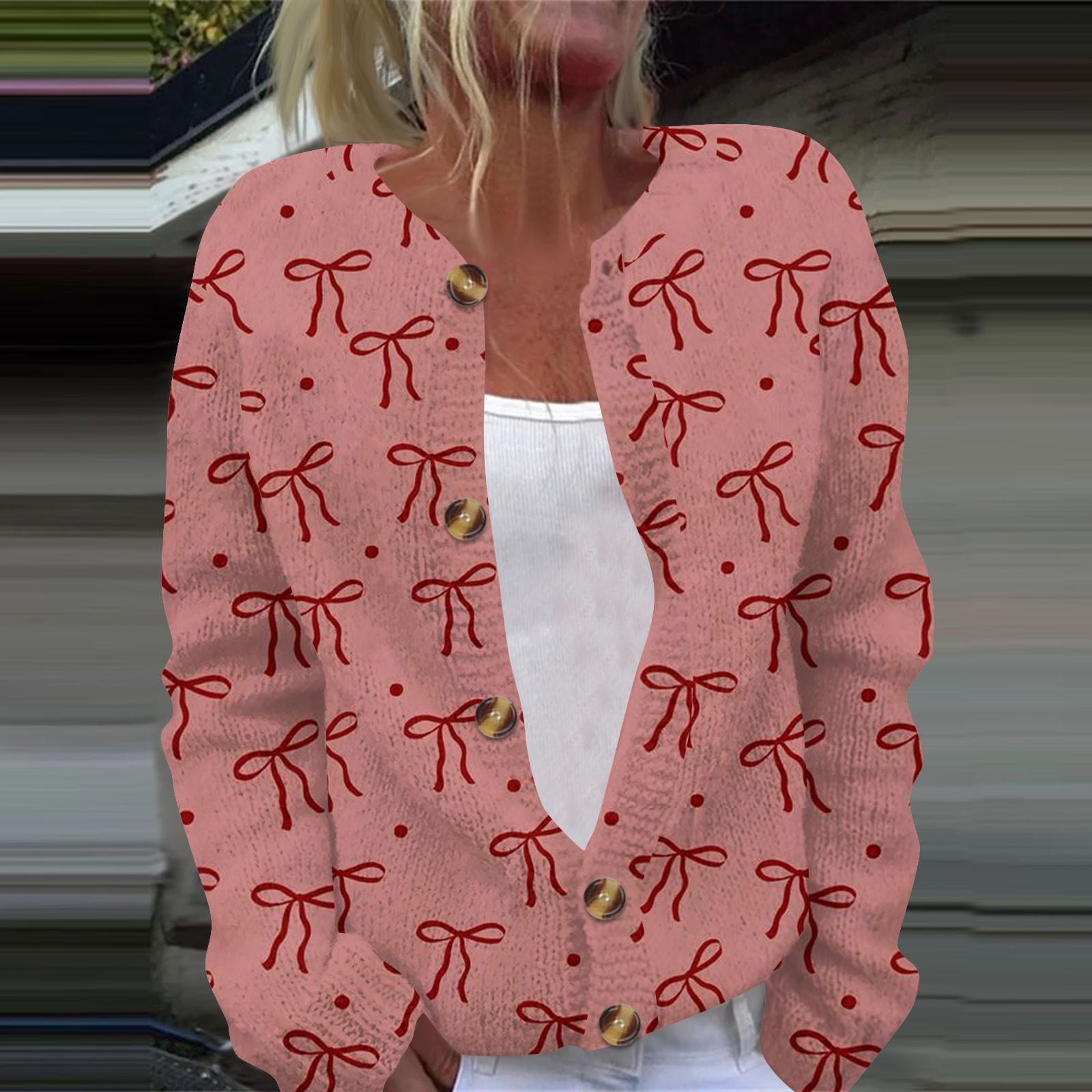 

Женская мода с принтом банта, длинный рукав, вязаный кардиган, куртка на пуговицах XL арбуз красный