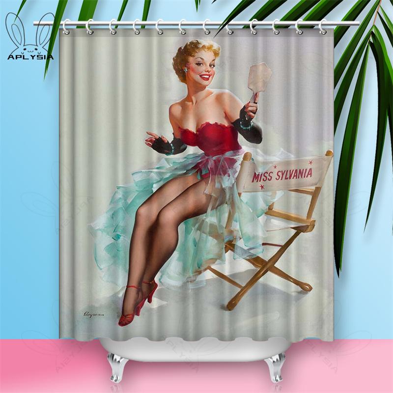 Custom Sexy Girl Hot Breast Shower Curtains European Retro Woman Skirt Dress Daily Waterproof Polyester Fabric Bathroom Curtain