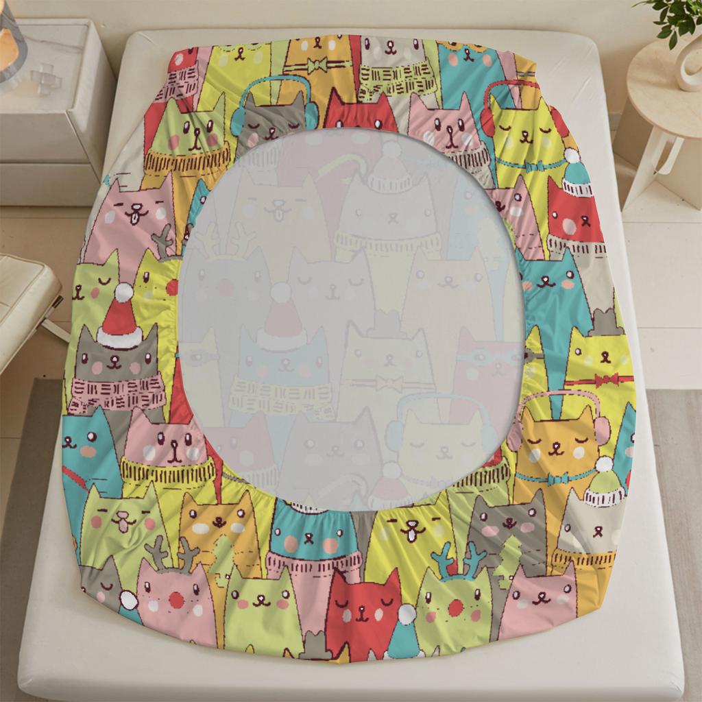 3pcs Fitted Sheet Set Colorful Cats Wearing Hats And Scarves Wrinkle Resistant Bed Sheet With Pillowcases For Bedroom Decor