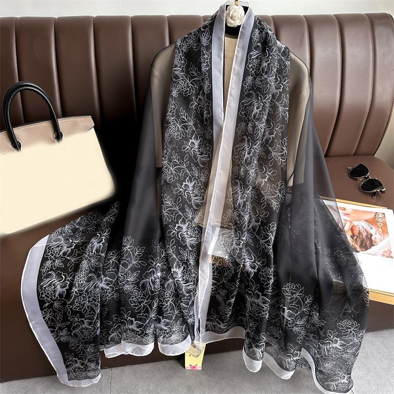 Light luxury simulated silk pattern scarf, silk scarf, commuting sunscreen, soft yarn scarf, large size fashion temperament shawl