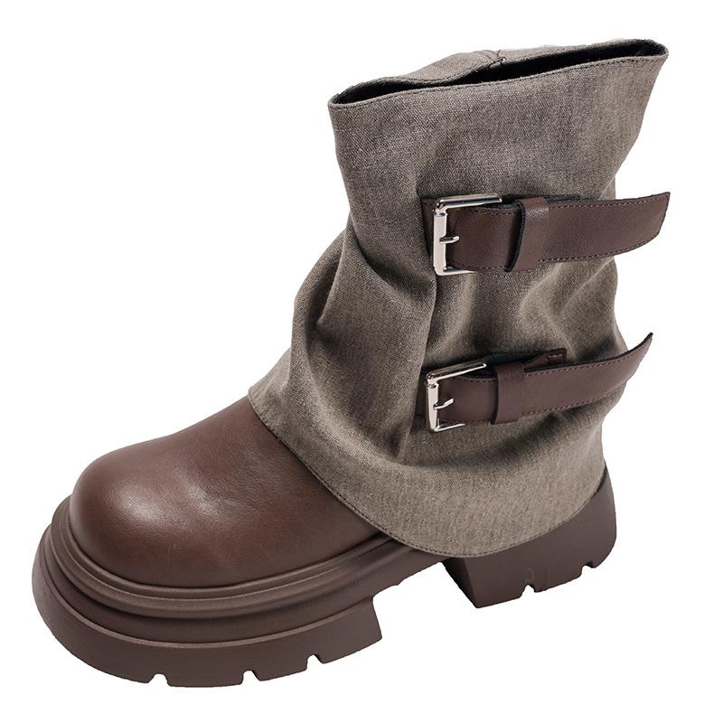 Black Thick-soled Heightening Sleeve Short Boots Women's Autumn 2025 Fashion Versatile Design Belt Buckle Martin Boots