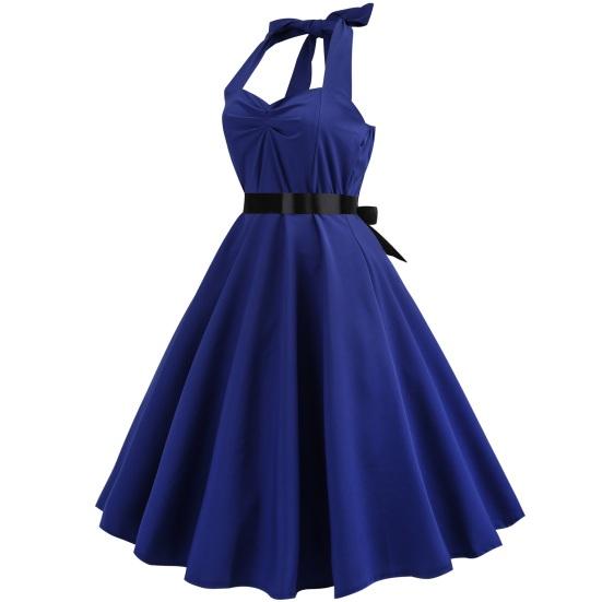 Vestido de noite feminino com cadarço, decote halter, linha A, grande, costas nuas, ombro de fora, sem mangas, cor sólida, retrô, coquetel, festa, casamento, vestido midi