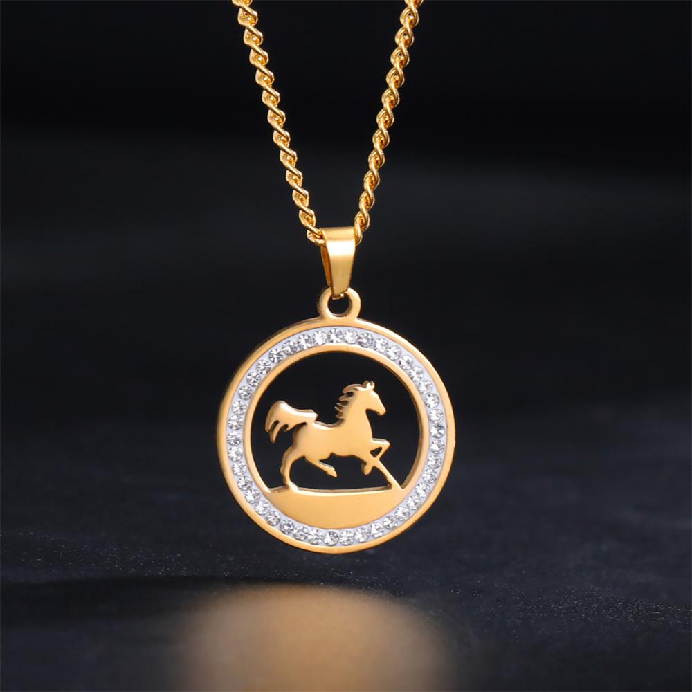 

My Shape Running Horse Pendants Necklace Stainless Steel Rhinestone Pendant Necklaces Choker Chain Horse Lover Fashion Jewelry 45cm