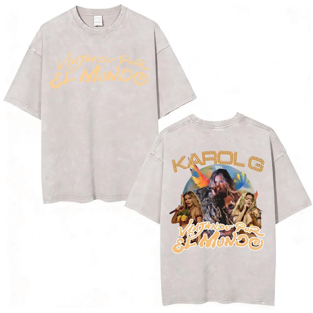 Karol G Tropicoqueta Tour New Album Vintage Washed T Shirts Men Women Fashion Aesthetic Tshirt Casual Cotton Loose T Shirt