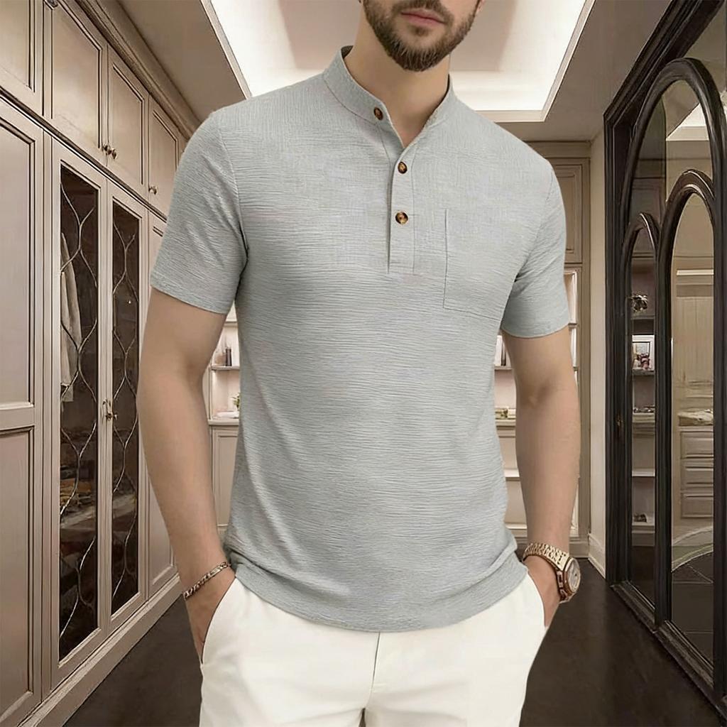 Men’s Short Sleeve Henley Shirt with Pocket Ribbed Knit Stand Collar Button Front Modern Fit Soft Lightweight Top