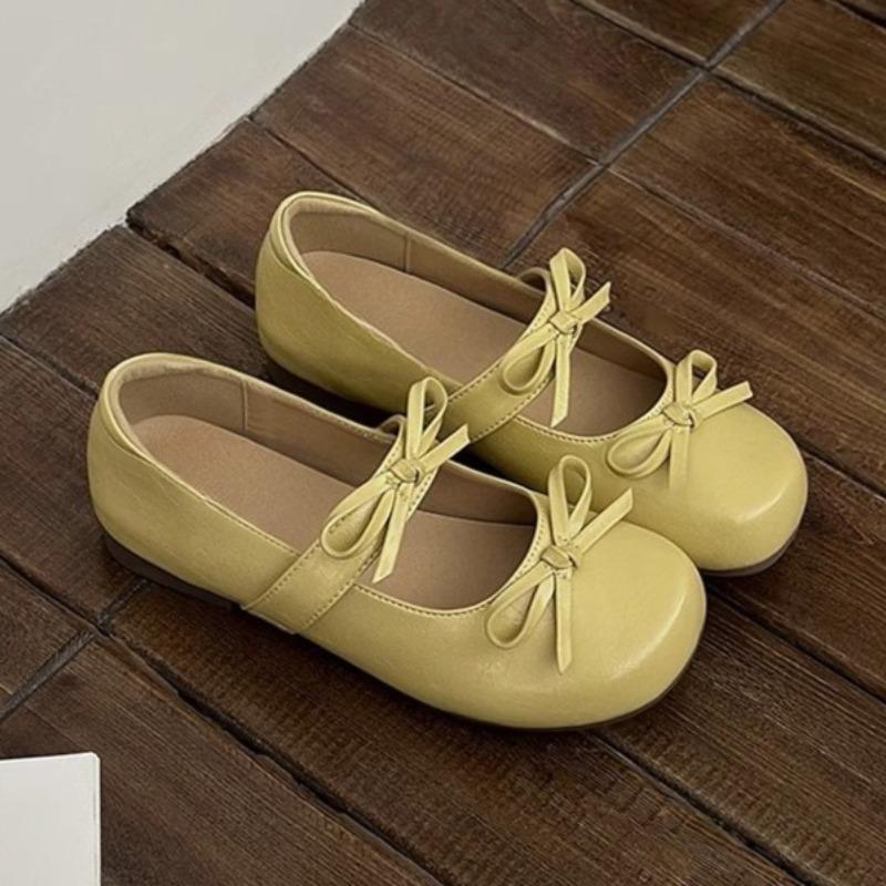 Fashion Flat Comfort Soft Sole Retro Round Toe Shallow Mouth Slip Strap Butterfly Knot All-Slip Wear-Resistant Slip-On Single Shoes