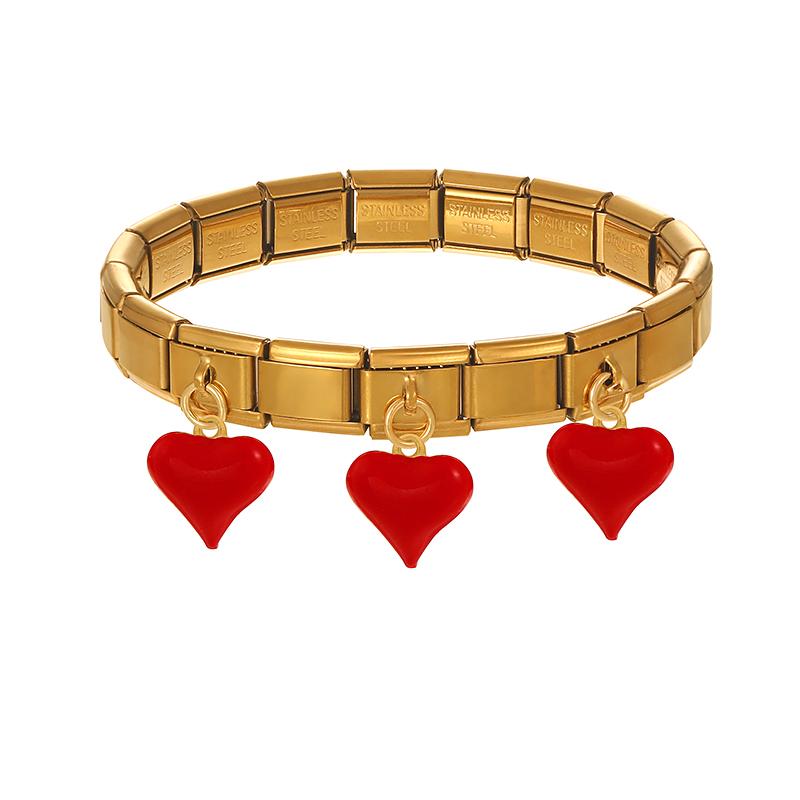Boho Chic Love Theme Wrist Accessories-Vintage Amber Bead Stretch Bracelet&Punk Style Red Heart Metal Link Bracelet PartyJewelry