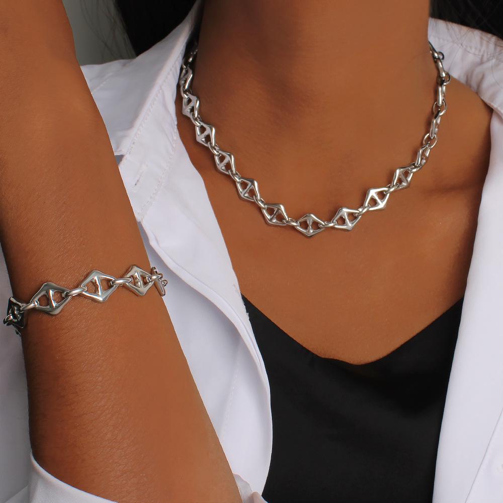 18K Gold Stainless Steel Rhombus Unisex Bracelet & Necklace Set