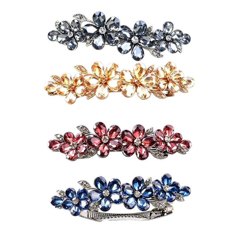 2-Piece Spring Hair Barrette Set Hairpin with Faceted Flowers and Leaf Trim for Holiday, Wedding and Stage Hairstyles