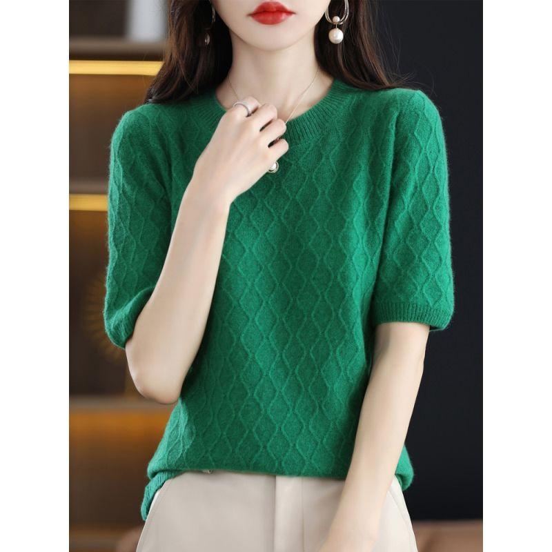Winter Knitted Short Sleeve T-shirt Women's Loose Bottom Shirt Mid Sleeve Top
