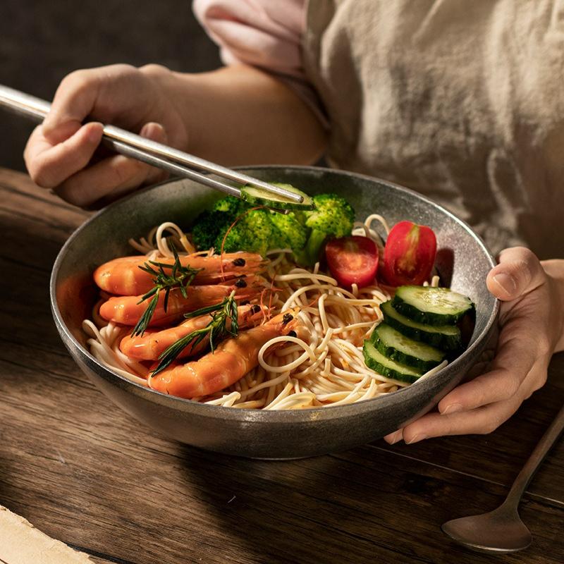 18-24cm Vintage Stainless Steel Ramen Bowl Snowflake Gray Tableware Rice Bowls Restaurant Household Kitchen Soup Bowl New